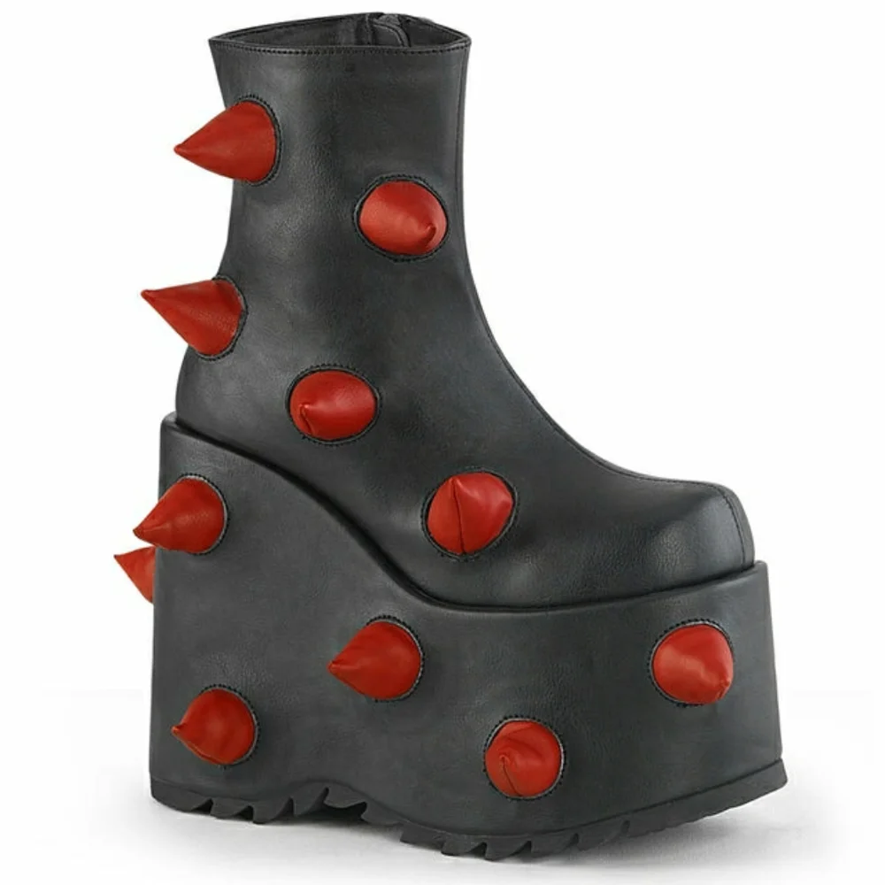SOLD Demonia Cult Slay 77 Spikey Red Black 7" Platform Ankle Boots 7 - Picture 1 of 9